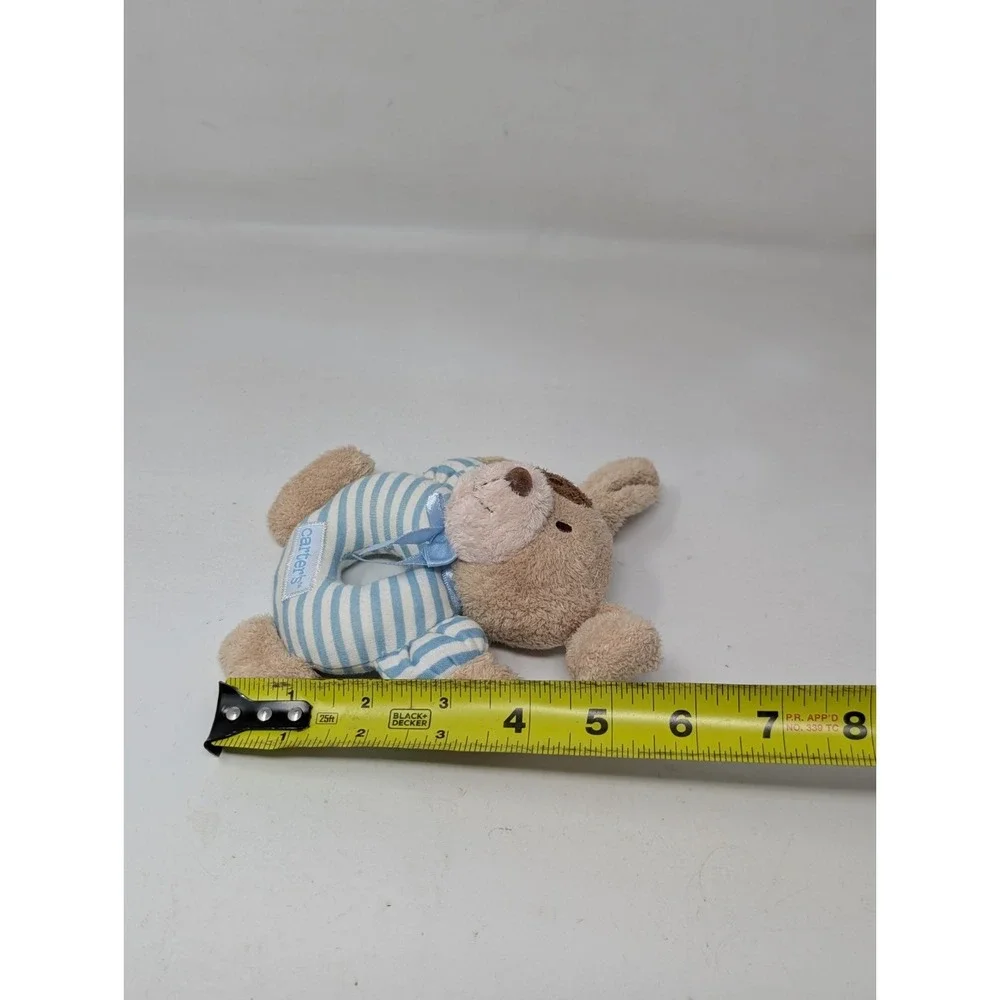 Carters Just One Year Baby Rattle Plush Puppy‎ Dog Blue Stripe Ring Prestige Toy